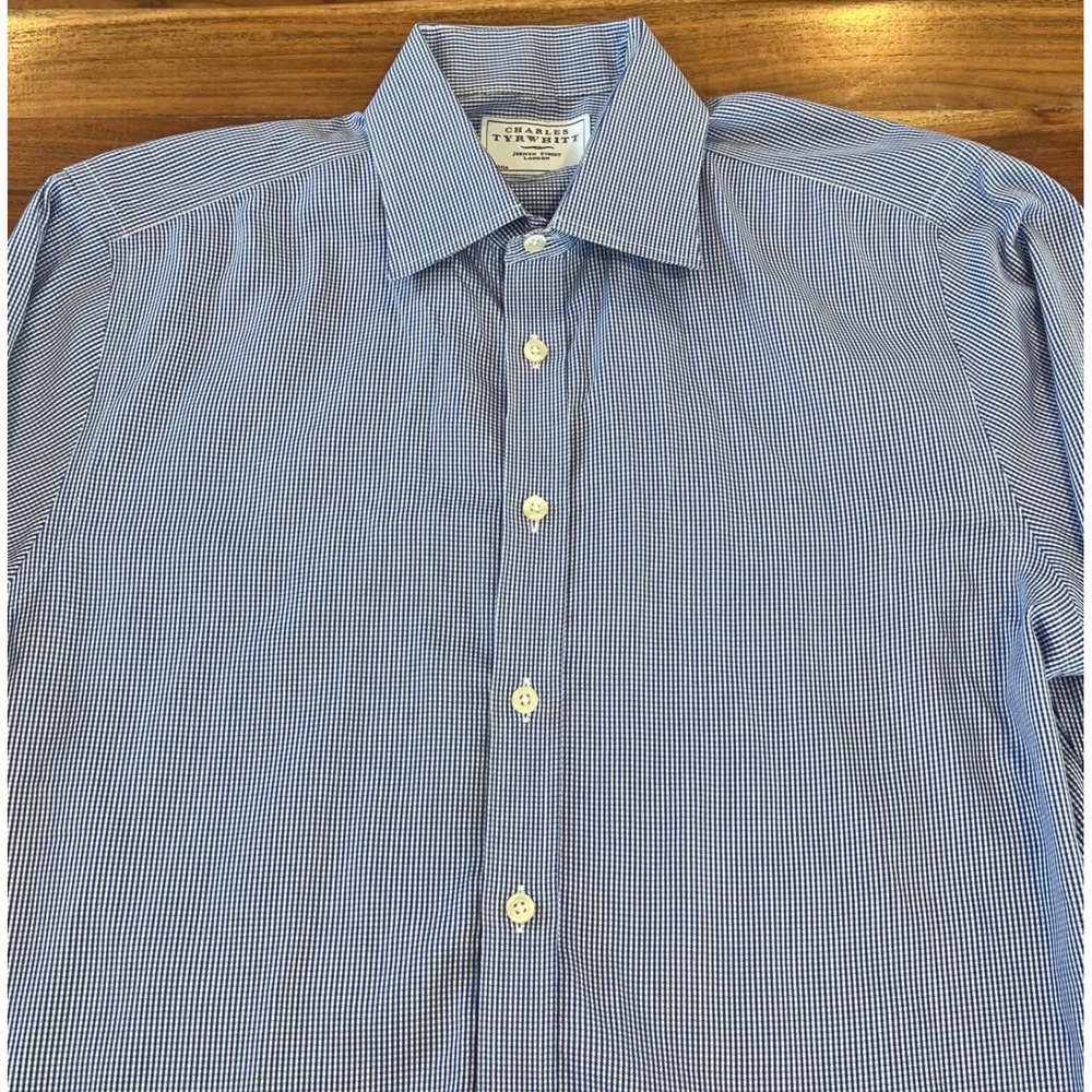 Charles Tyrwhitt Mens Blue White Micro Gingham Non-Iron Slim Fit Shirt 16.5 34